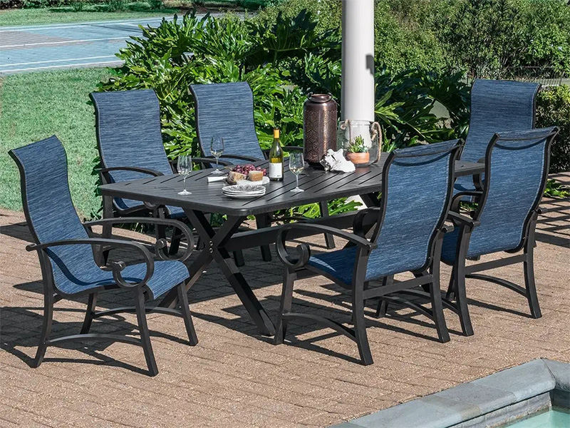 Set de sufragerie din 7 piese din aluminiu din bronz învechit Solstice (84X42 in. Masă de sufragerie)