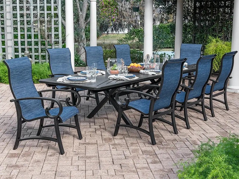 Set de sufragerie de 7 piese din aluminiu bronz învechit Solstice (masă de sufragerie 44x84-130 inch)
