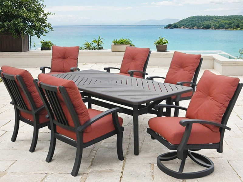Set de sufragerie din 7 piese Chateau din aluminiu pentru exterior cu pernă (86X44 in. Masă de sufragerie)
